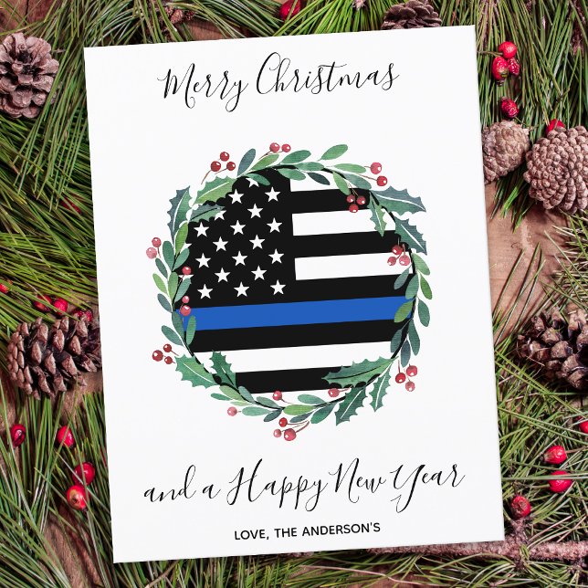 Cartes Pour Fêtes Annuelles Couronne de Noël Police Thin Blue Line (Créateur téléchargé)