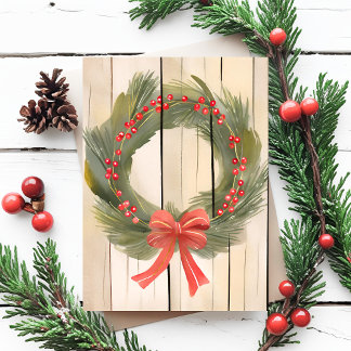 Cartes Pour Fêtes Annuelles Couronne de Noël Ruban Rouge | Joli Pin Aquarelle