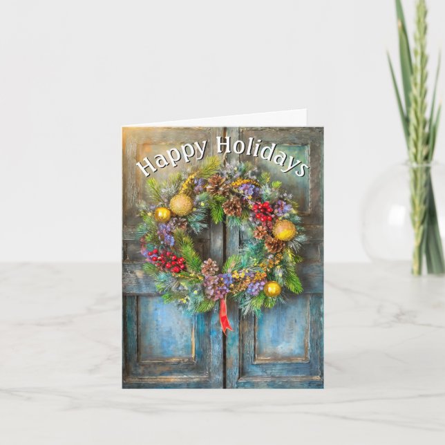 Cartes Pour Fêtes Annuelles Couronne de Noël sur la vieille porte (Devant)