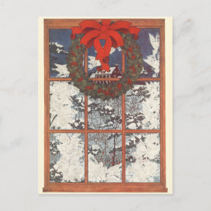 Cartes Pour Fêtes Annuelles Couronne de Noël vintage dans une fenêtre avec de