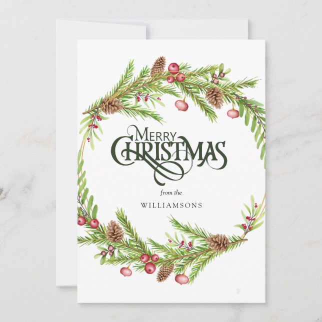 Cartes Pour Fêtes Annuelles Couronne de pin rustique aquarelle verte  (Devant)