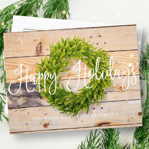 Cartes Pour Fêtes Annuelles Couronne de pin sur bois Joyeuses Fêtes Salutati