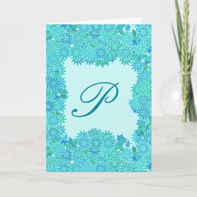 Cartes Pour Fêtes Annuelles Couronne de Poinsettia avec Monogramme, Turquoise (Devant)