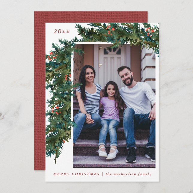 Cartes Pour Fêtes Annuelles Couronne de verdure aspect burlap rouge Photo Fête (Devant / Derrière)
