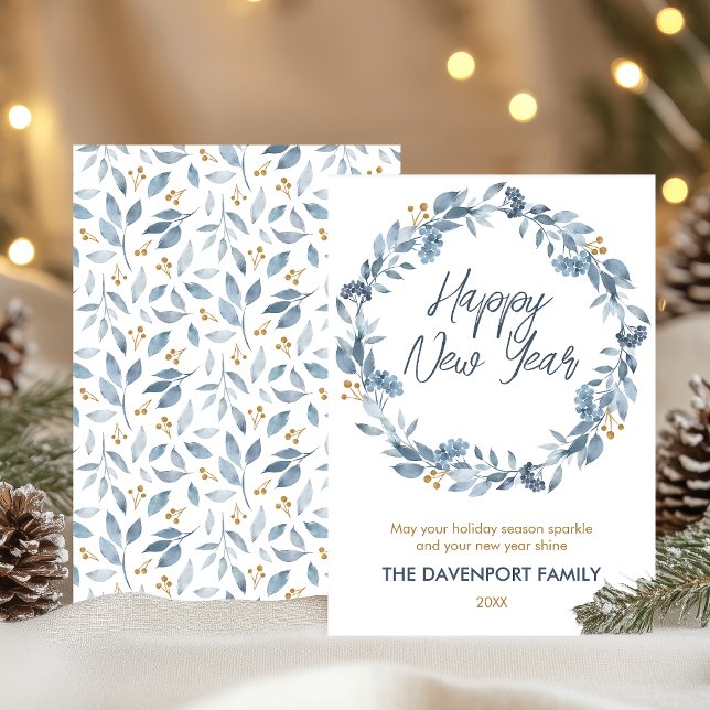 Cartes Pour Fêtes Annuelles Couronne de verdure bleue à l'aquarelle élégante (Créateur téléchargé)