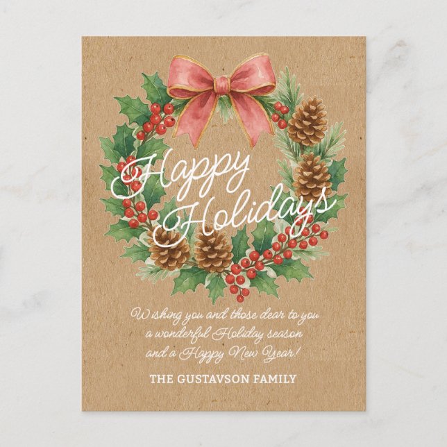 Cartes Pour Fêtes Annuelles Couronne Décembre Classée Avec Aquarelle Bow Rose (Devant)