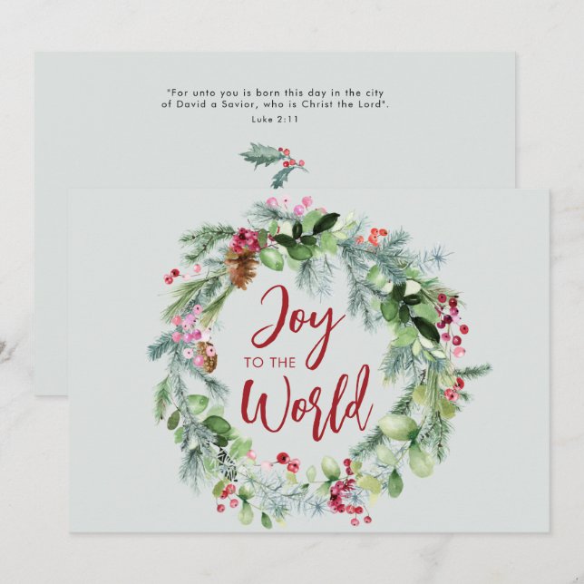 Cartes Pour Fêtes Annuelles Couronne d'hiver aquarelle 'Joie au Monde' (Devant / Derrière)