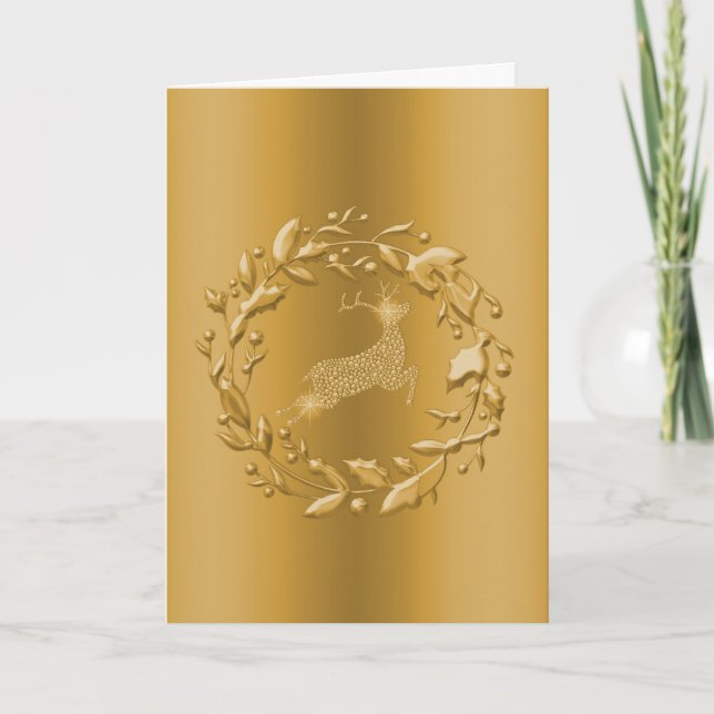 Cartes Pour Fêtes Annuelles Couronne et rennes de Noël d'or (Devant)