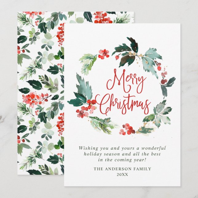 Cartes Pour Fêtes Annuelles Couronne festive de houx à baies pour les vœux de  (Devant / Derrière)