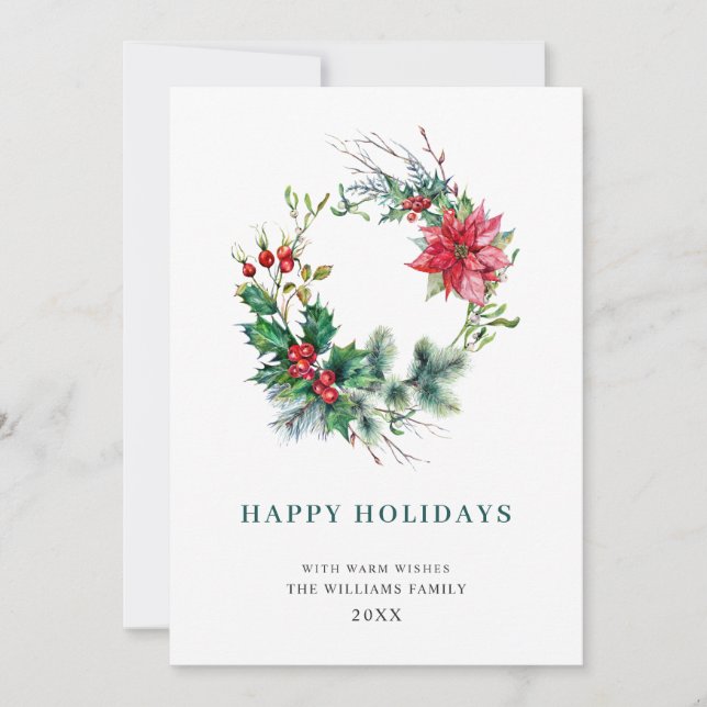 Cartes Pour Fêtes Annuelles Couronne festive de poinsettia de houx pour Noël (Devant)