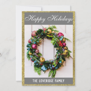 Cartes Pour Fêtes Annuelles Couronne festive Joyeuses Fêtes Grise et Paillette