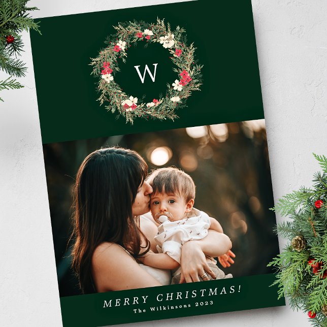 Cartes Pour Fêtes Annuelles couronne monogramme traditionnelle une photo noël (Créateur téléchargé)