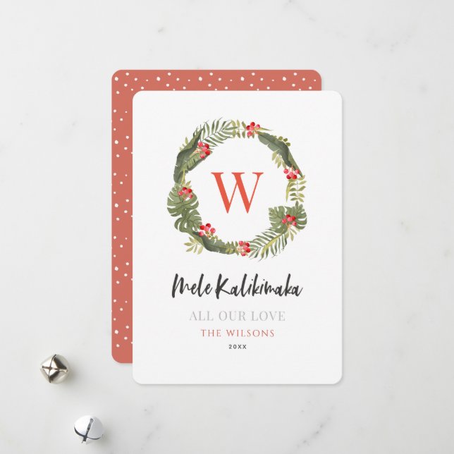 Cartes Pour Fêtes Annuelles Couronne tropicale de monogramme Mele Kalikimaka (Devant/Arrière en situation)