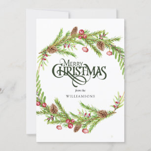 Cartes Pour Fêtes Annuelles Couronne verte de pin d'aquarelle rustique