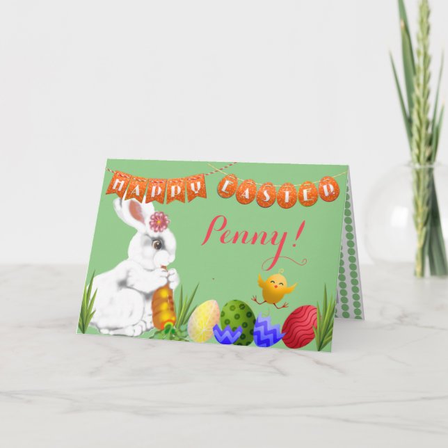 Cartes Pour Fêtes Annuelles Coutume de l'enfant vert de Bunny de Pâques (Devant)