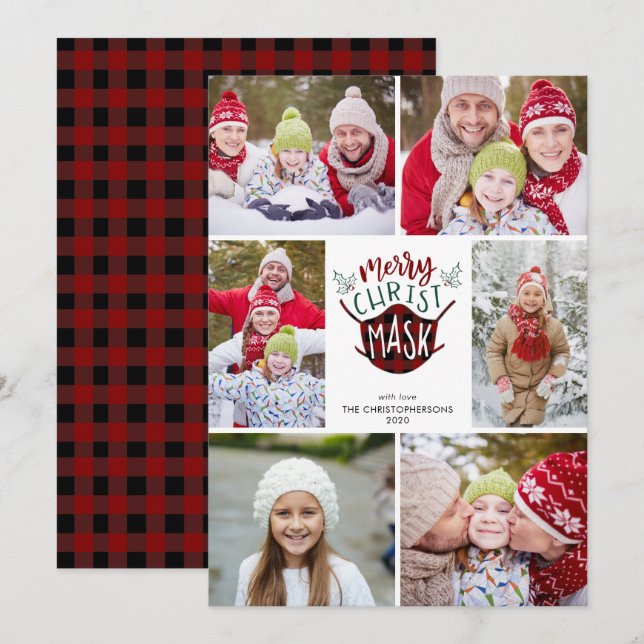 Cartes Pour Fêtes Annuelles COVID-19 MERRY ChristMASK Buffalo Plaid 6 Photo (Devant / Derrière)