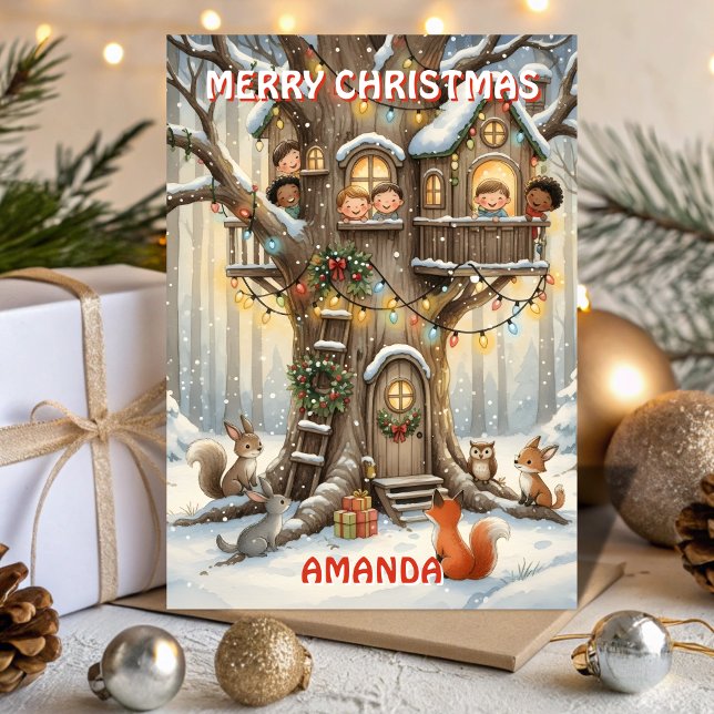 Cartes Pour Fêtes Annuelles Cozy Christmas Treehouse Kids Card (Créateur téléchargé)