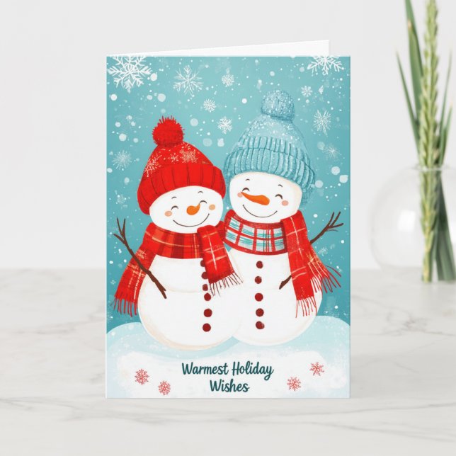 Cartes Pour Fêtes Annuelles Cozy Snowmen Couple Warmest Holiday Wishes Card (Devant)