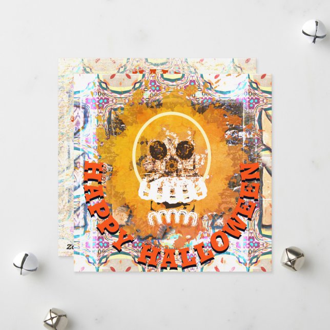 Cartes Pour Fêtes Annuelles Crâne de Feu et Flamme Joy Halloween (Devant/Arrière en situation)