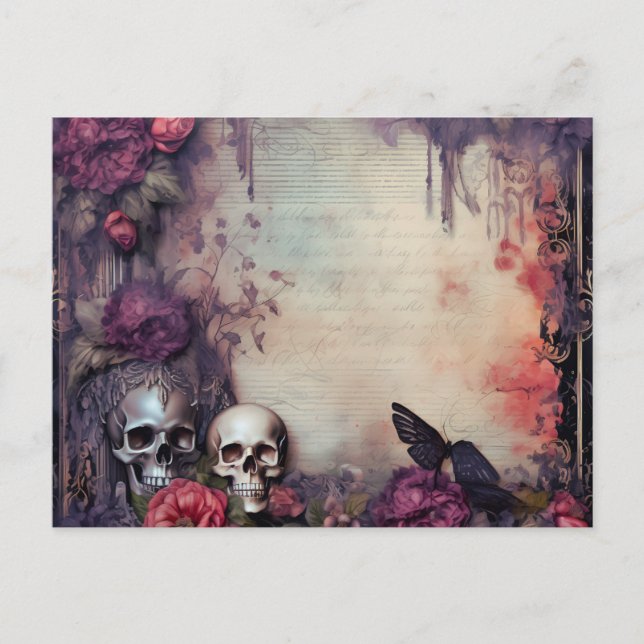 Cartes Pour Fêtes Annuelles Crâne gothique Fleurs de papillon noir Halloween (Devant)