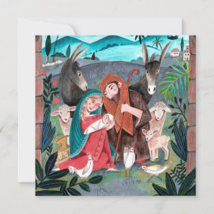 Cartes Pour Fêtes Annuelles Crèche religieuse bleue, Marie et Joseph rouges