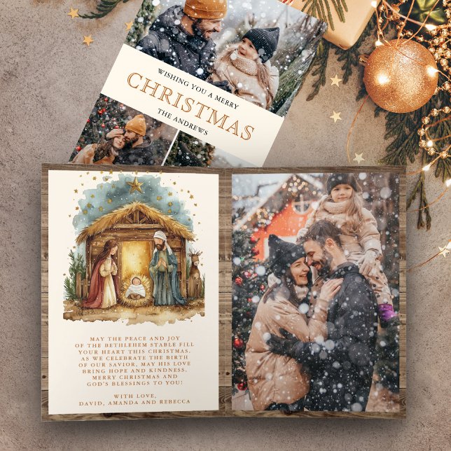 Cartes Pour Fêtes Annuelles Crèche rustique en collage photo de Noël (Créateur téléchargé)