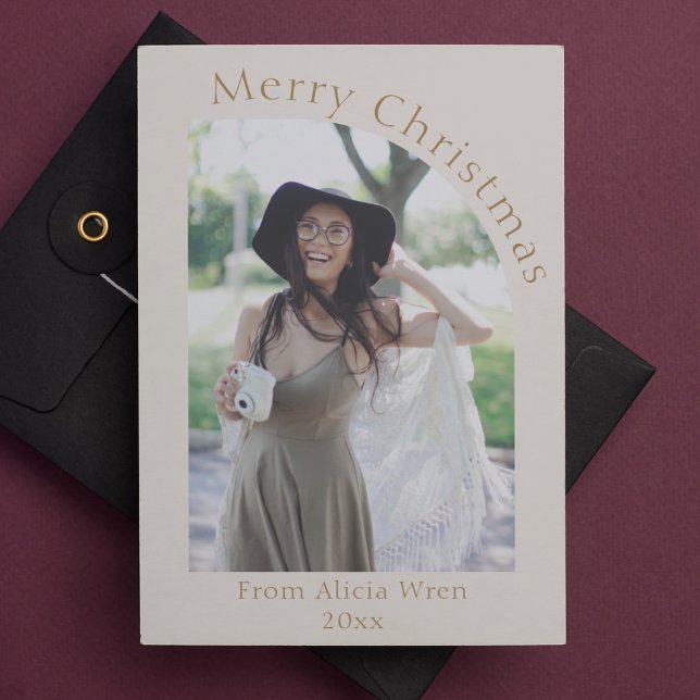Cartes Pour Fêtes Annuelles Crème à une personne moderne Arche photo Noël (single person christmas card modern arch cream and gold with photo)