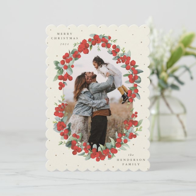 Cartes Pour Fêtes Annuelles Crème Baies rouges+Eucalyptus Photo de Noël (Debout devant)