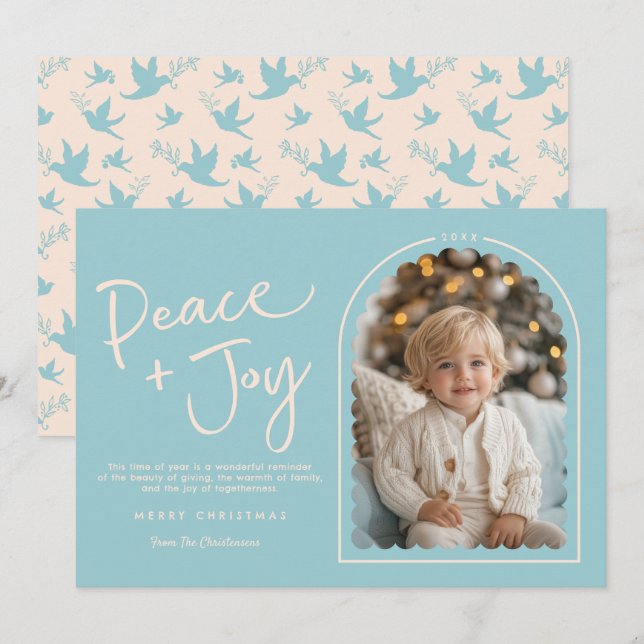 Cartes Pour Fêtes Annuelles Crème Bleue Arc Moderne Paix Joie Photo Noël (Devant / Derrière)