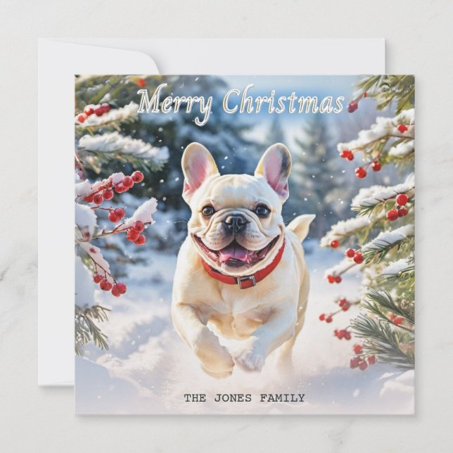 Cartes Pour Fêtes Annuelles Crème French Bulldog en Neige Joyeux Noël (Devant)