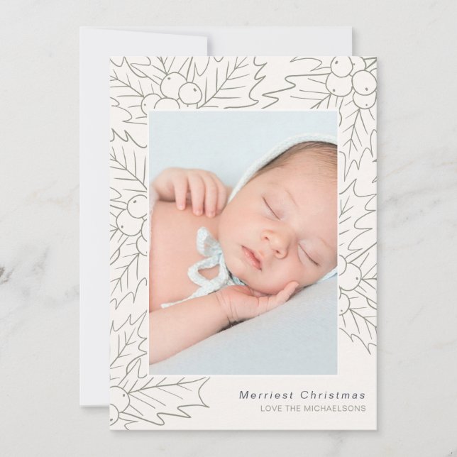 Cartes Pour Fêtes Annuelles Crème Holly et Berries et Sage Photo Noël (Devant)