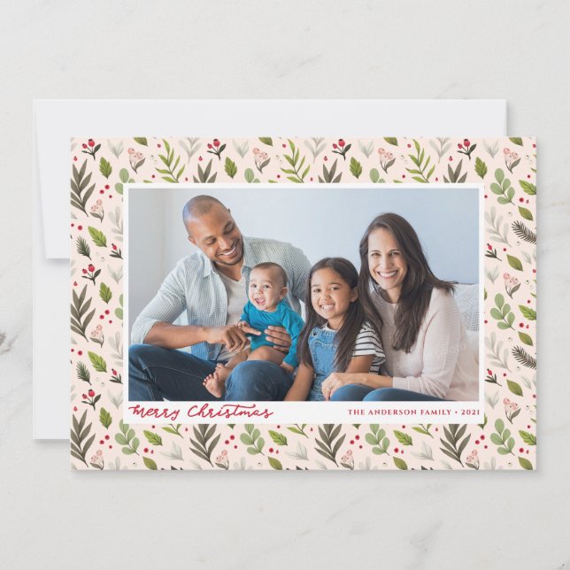 Cartes Pour Fêtes Annuelles Crème photo de Noël aux baies vertes audacieuses (Devant)