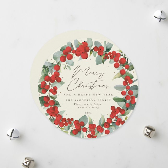 Cartes Pour Fêtes Annuelles Crème Rond Berry Rouge+Eucalyptus Fête Wreath (Devant/Arrière en situation)