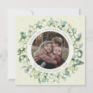 Cartes Pour Fêtes Annuelles Crème Ronde/Carrée Snowberry+Eucalyptus Photo