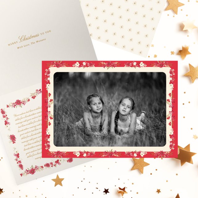 Cartes Pour Fêtes Annuelles crème rouge classique noël floral plié photo (Créateur téléchargé)