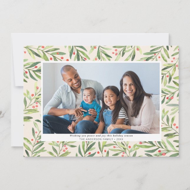 Cartes Pour Fêtes Annuelles Crème verte Berry moderne Photo de Noël (Devant)