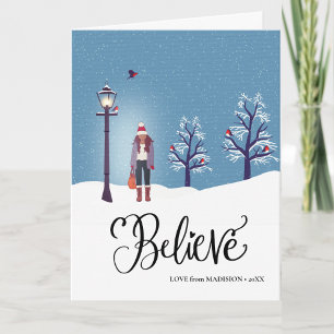 Cartes Pour Fêtes Annuelles CROIRE   Paysage Neige Avec Oiseau Cardinal D'Hive