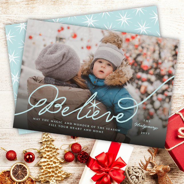 Cartes Pour Fêtes Annuelles Croire Star Aqua Blue Calligraphy Photo de Noël (Créateur téléchargé)