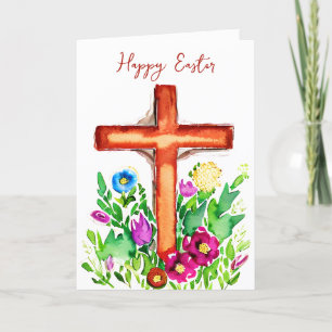 Cartes Pour Fêtes Annuelles Croix aquarelle et fleurs roses personnalisées pou