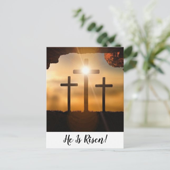 Cartes Pour Fêtes Annuelles Croix brunes Il est ressuscité Joyeuses Pâques chr (Debout devant)