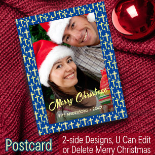 Cartes Pour Fêtes Annuelles Croix chrétienne Élégant Script Marine Bleu Noël