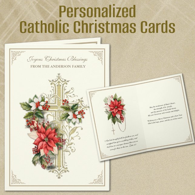 Cartes Pour Fêtes Annuelles Croix d'or catholique de Noël Poinsettias (Personalized Catholic Christmas Cards with Gold Cross and Poinsettia Flowers)