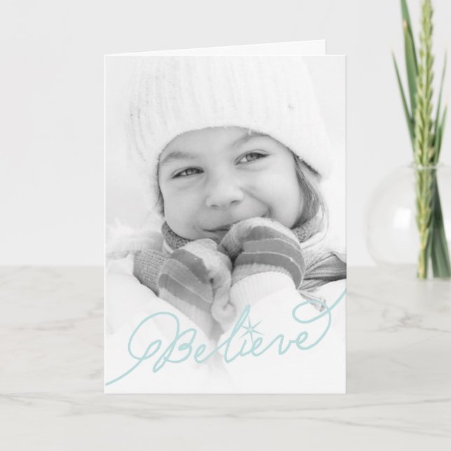 Cartes Pour Fêtes Annuelles Croyez la photo bleue de Noël de calligraphie (Devant)