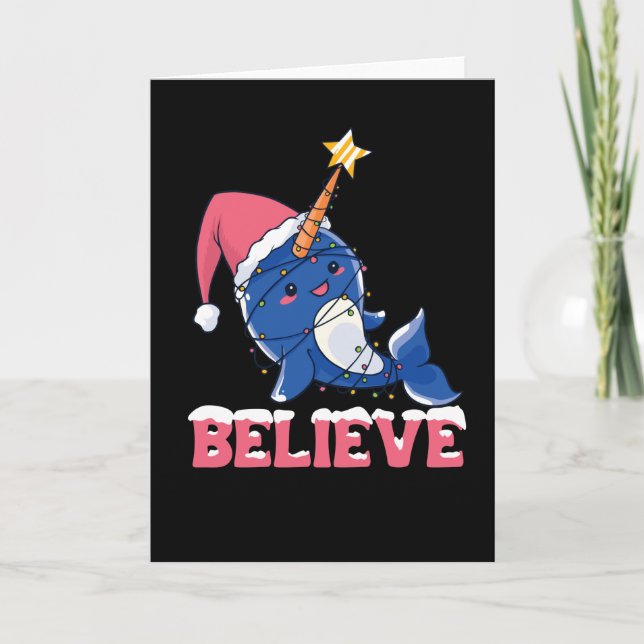 Cartes Pour Fêtes Annuelles Croyez Narwhal Noël Neige Guirlandes de Fées (Devant)