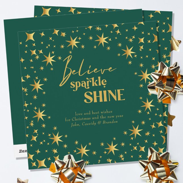 Cartes Pour Fêtes Annuelles Croyez Sparkle Shine Elegant Green et Gold Stars (Créateur téléchargé)