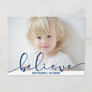 Cartes Pour Fêtes Annuelles Croyez VACANCES BLEU Lettre main Script PHOTO