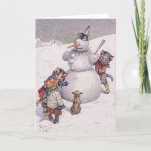 Cartes Pour Fêtes Annuelles Cru - bonhomme de neige de construction de chats,