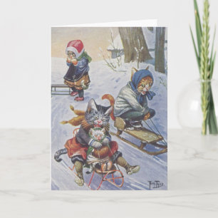 Cartes Pour Fêtes Annuelles Cru - chats Sledding de neige,
