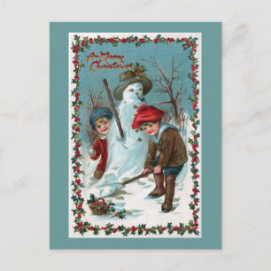 Cartes Pour Fêtes Annuelles Cru "construisant bonhomme de neige"