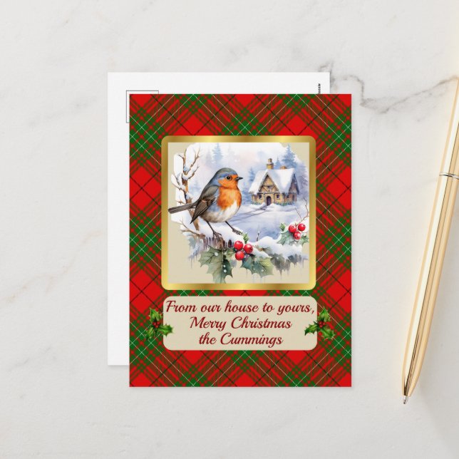 Cartes Pour Fêtes Annuelles Cumming Tartan w/Robin Personalized   (Devant/Arrière en situation)